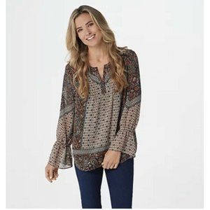 Belle By Kim Gravel Mosaic Blouse Espresso/Orange Flounce Sleeves Size Large EUC